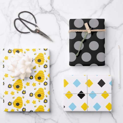 Bumble Bee Hives Polka Dots and Stripes Patterns Wrapping Paper Sheets
