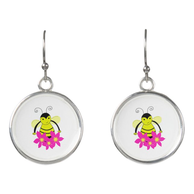 Bumble Bee Holding Pink Flowers Earrings (Front)