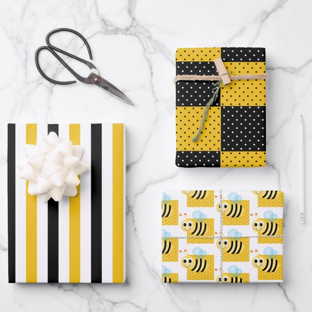 Bumble Bee, Honey Comb, Stripes & Dots Wrapping Paper Sheets (Front)