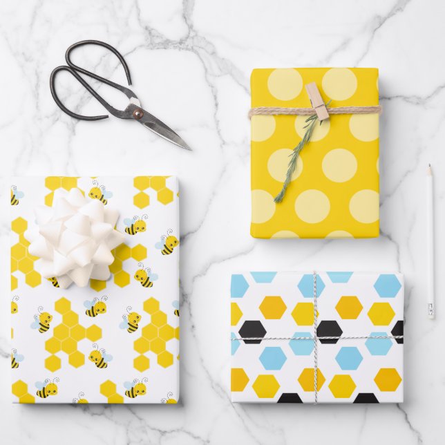 Bumble Bee Honeycomb, Dots and Stripes Patterns Wrapping Paper Sheets (Front)
