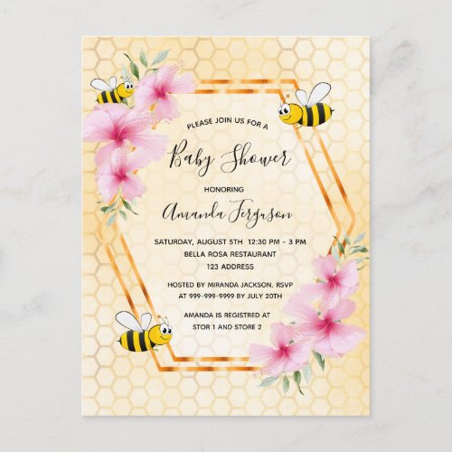 Bumble bee honeycomb floral baby shower invitation postcard