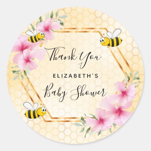 Bumble bee honeycomb pink florals baby shower classic round sticker