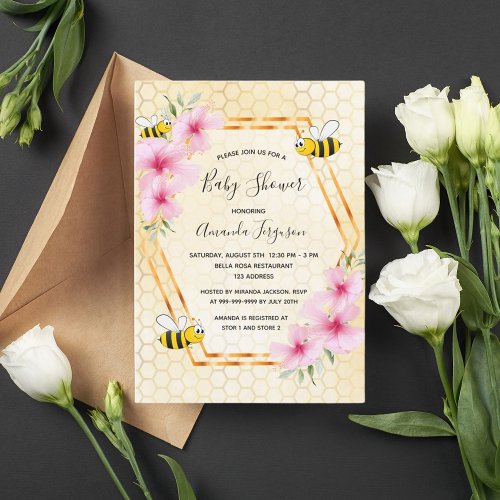 Bumble bee honeycomb pink florals baby shower invitation