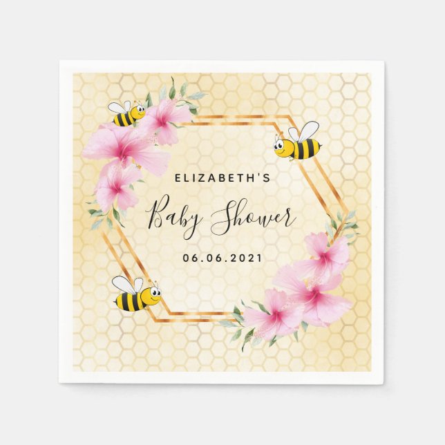 Bumble bee honeycomb pink florals baby shower napkins (Front)