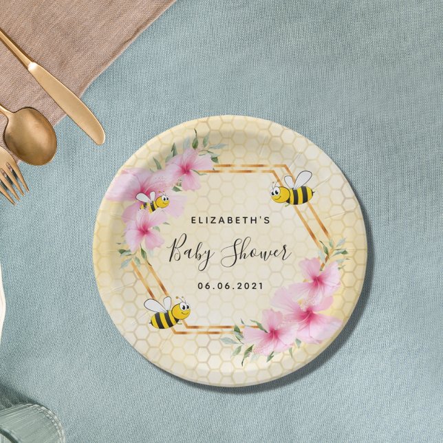 Bumble bee honeycomb pink florals baby shower paper plates (Creator Uploaded)