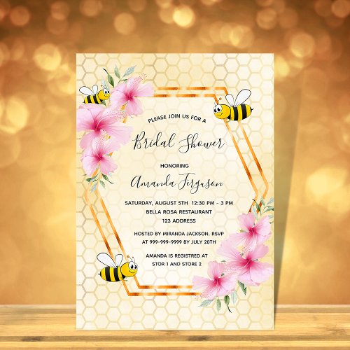 Bumble bee honeycomb pink florals bridal shower invitation