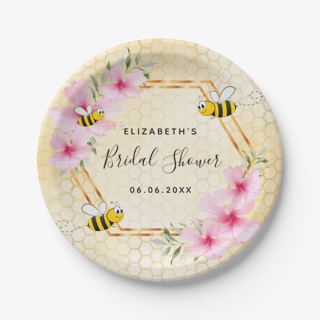 Bumble bee honeycomb pink florals bridal shower paper plates (Front)