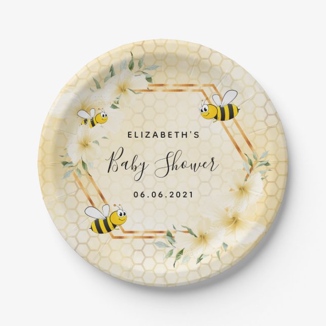 Bumble bee honeycomb summer florals baby shower paper plates (Front)
