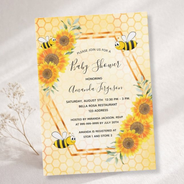 Bumble bee honeycomb sunflowers baby shower invitation (Creator Uploaded)