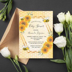 Bumble bee honeycomb sunflowers baby shower invitation