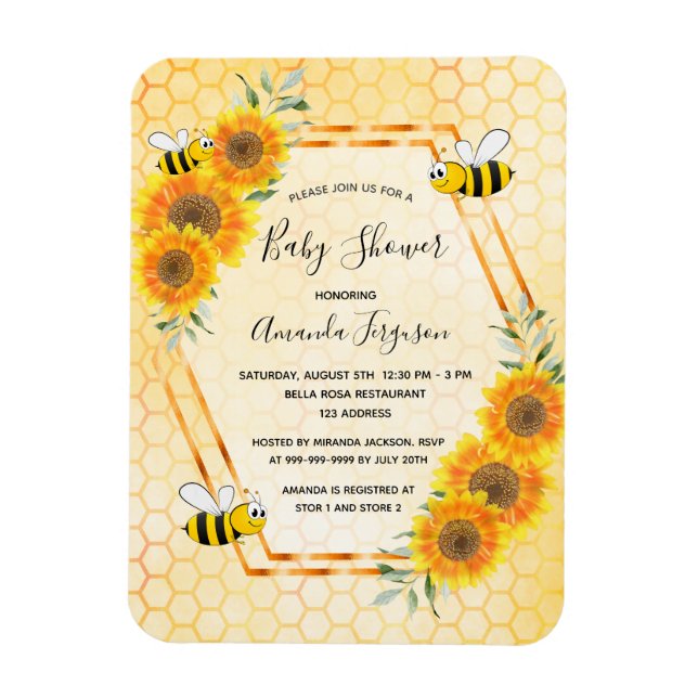 Bumble bee honeycomb sunflowers baby shower magnet (Vertical)