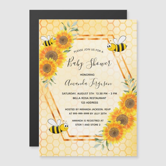 Bumble bee honeycomb sunflowers baby shower magnetic invitation (Front/Back)