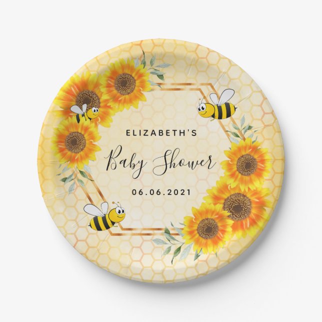 Bumble bee honeycomb sunflowers baby shower paper plates (Front)