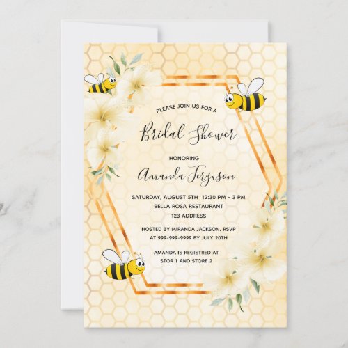Bumble bee honeycomb tropical floral bridal shower invitation