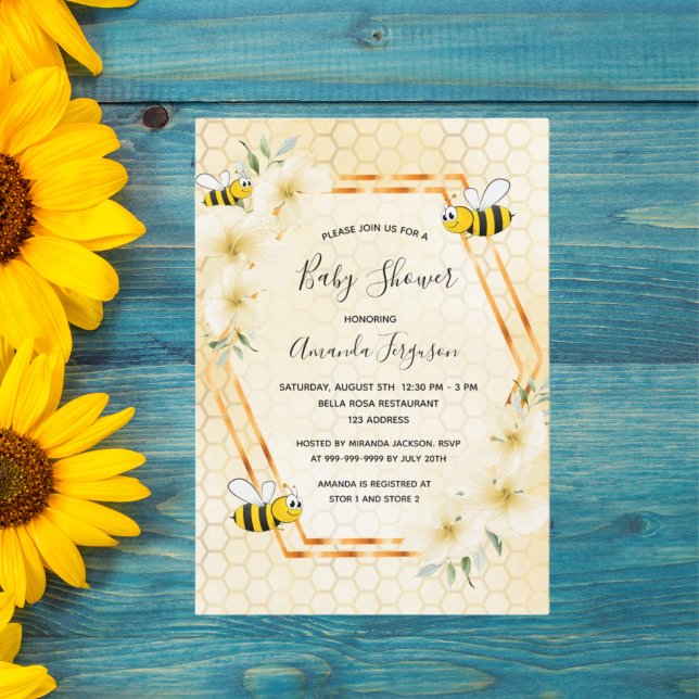 Bumble bee honeycomb tropical florals baby shower invitation