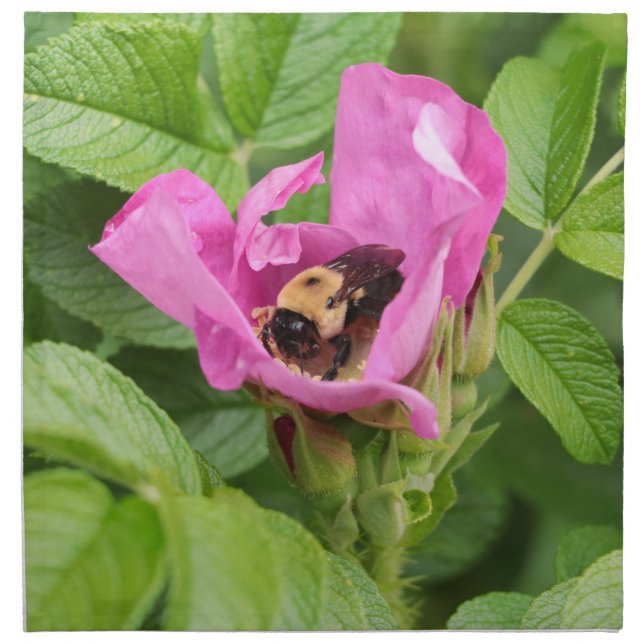 Bumble Bee in Pink Flower Cloth Napkin (Front)