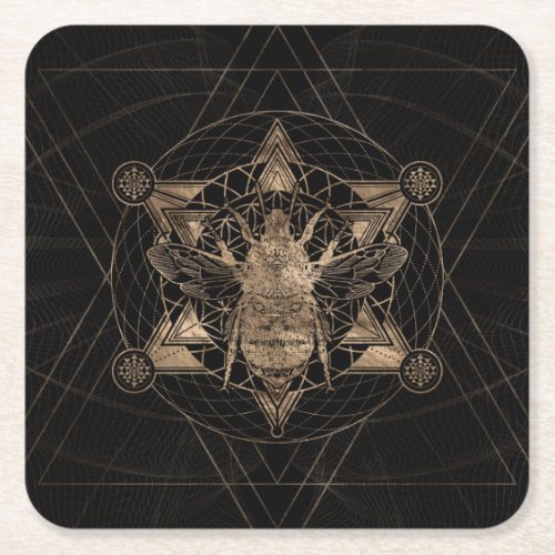 Bumble Bee in Sacred Geometry _ Black and Gold Square Paper Coaster