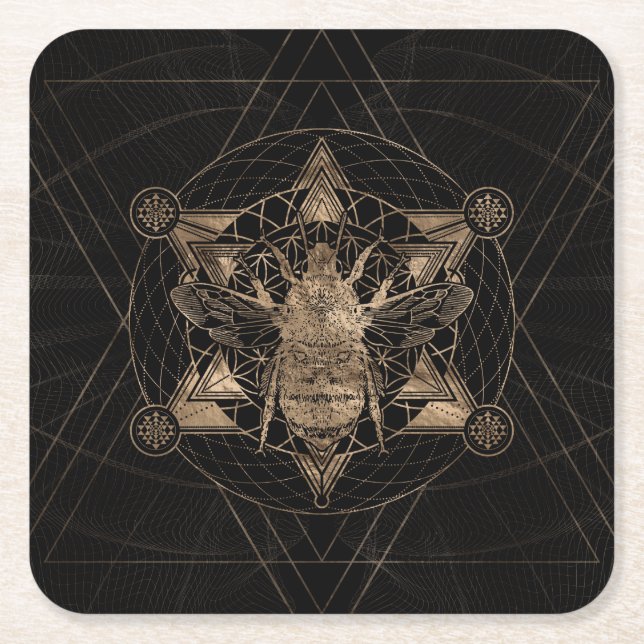 Bumble Bee in Sacred Geometry - Black and Gold Square Paper Coaster (Front)