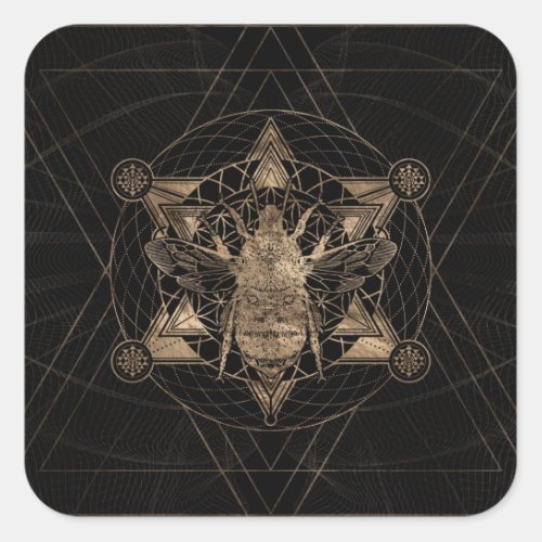 Bumble Bee in Sacred Geometry _ Black and Gold Square Sticker