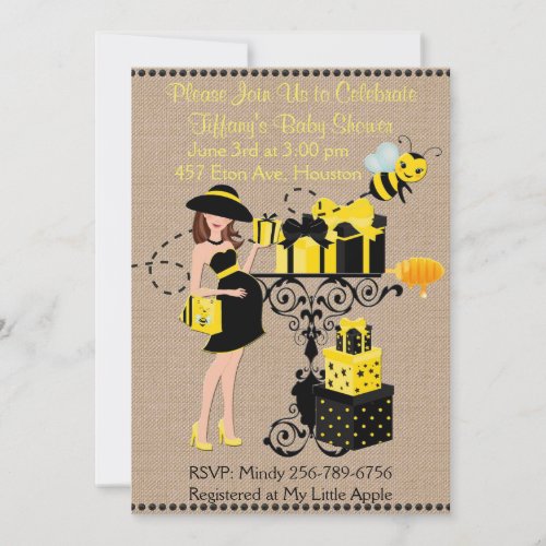 Bumble Bee Lady Yellow Black Baby Shower Invite