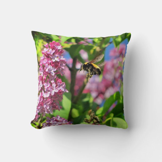 Bumble Bee Landng on Lilacs Throw Pillow (Front)