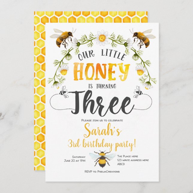 Bumble bee. Little honey, Bee, 3rd birthday Invitation (Front/Back)