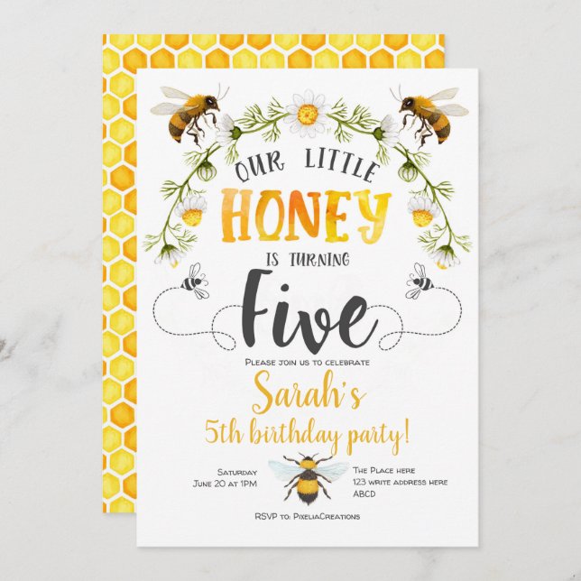 Bumble bee. Little honey, Bee, 5th birthday Invitation (Front/Back)