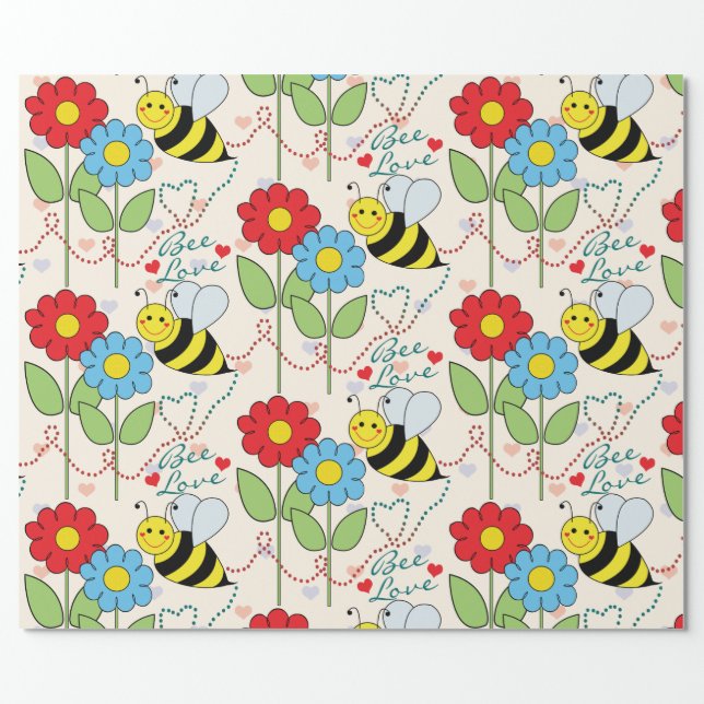Bumble Bee Love with Flowers Wrapping Paper (Flat)
