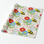 Bumble Bee Love with Flowers Wrapping Paper (Unrolled)