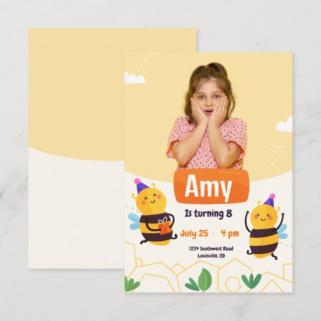 Bumble Bee Modern Photo Birthday Invitation (Front/Back)
