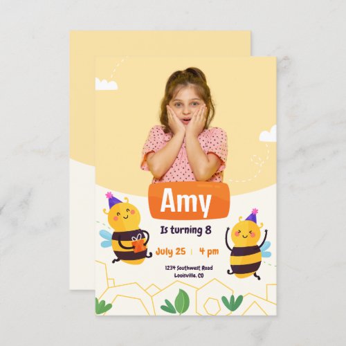 Bumble Bee Modern Photo Birthday Invitation