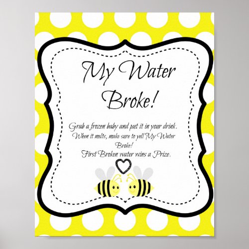Bumble Bee My Water Broke Baby Shower Game Poster