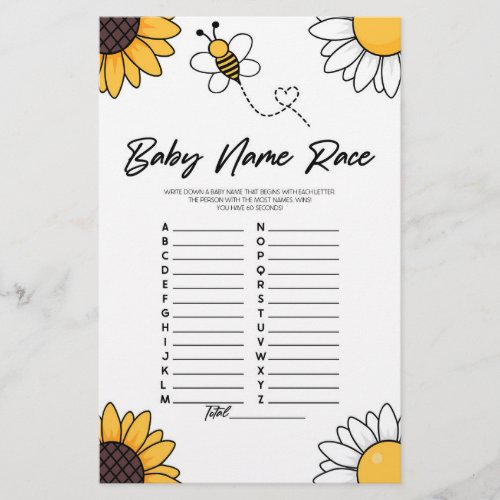 Bumble Bee Name Race Baby Shower Game Activity Stationery