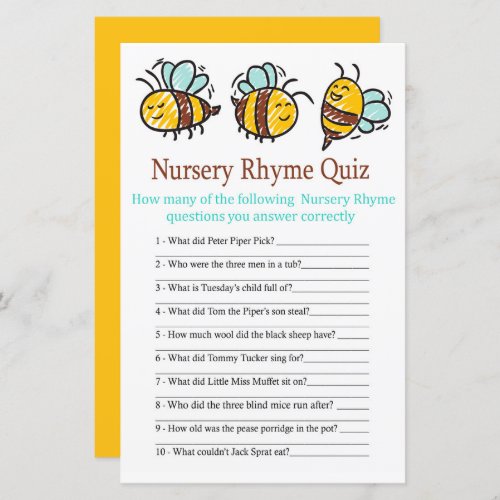 Bumble Bee Nursery Rhyme Quiz baby shower game