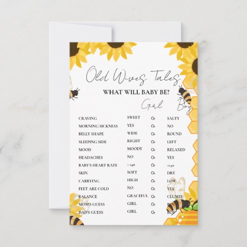 Bumble Bee Old WIves Tales Baby shower Game Card