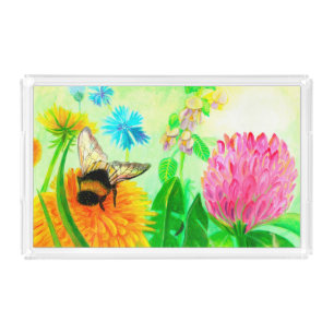 Bumble Bee on a Dandelion Flower Illustration Acrylic Tray