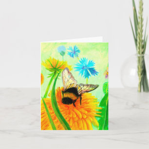 Bumble Bee on a Dandelion Flower Illustration  Card