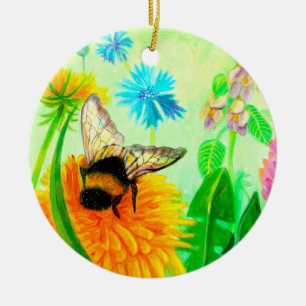 Bumble Bee on a Dandelion Flower Illustration Ceramic Ornament