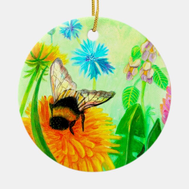 Bumble Bee on a Dandelion Flower Illustration   Ceramic Ornament (Front)