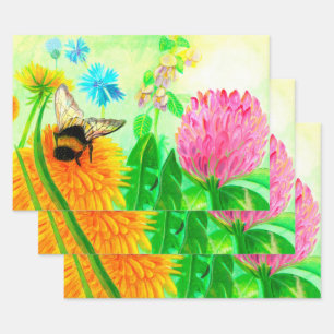 Bumble Bee on a Dandelion Flower Illustration Wrapping Paper Sheets