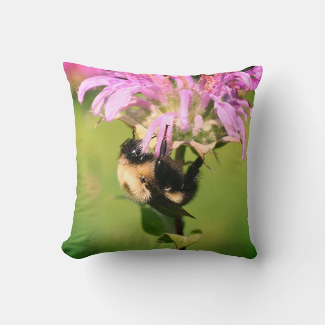 Bumble Bee On Bee Balm Flower Close Up Throw Pillow (Front)
