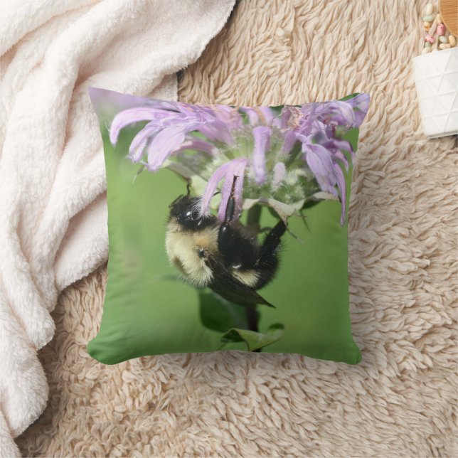 Bumble Bee On Bee Balm Flower Close Up Throw Pillow (Blanket)