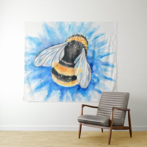 Bumble Bee On Blue Flower Watercolor Art Tapestry