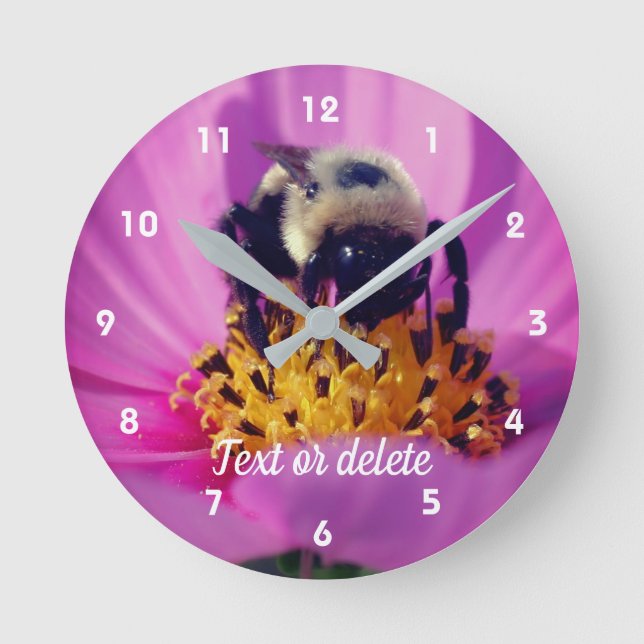 Bumble Bee On Cosmos Flower Personalized Round Clock (Front)