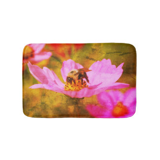 Bumble Bee On Pink Cosmos Flower Abstract Bath Mat