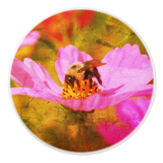 Bumble Bee On Pink Cosmos Flower Abstract Ceramic Knob