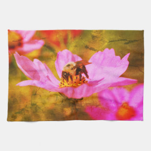 Bumble Bee On Pink Cosmos Flower Abstract Kitchen Towel