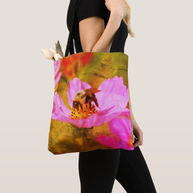 Bumble Bee On Pink Cosmos Flower Art Tote Bag (Close Up)