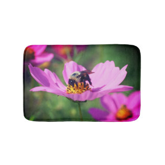 Bumble Bee On Pink Cosmos Flower Close Up Bath Mat