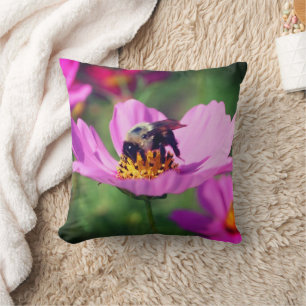 Bumble Bee On Pink Cosmos Flower Close Up Throw Pillow